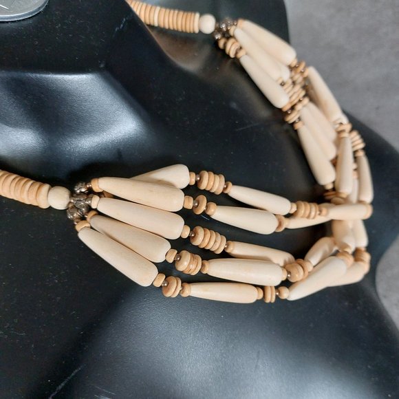 FASHION JEWELRY Women's Oblong/Round 4 Strands Wood Beads Necklace - Ivory/Tan - Picture 6 of 9